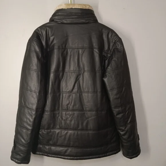 Emporio & co Men's Black Faux Leather Jacket with Cream Collar Size XL NWT - Picture 2 of 15